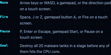 How to play list on the Tank City Reboot home page, showing Move, Fire with gamepad button A, Pause with gamepad Start, and the goal