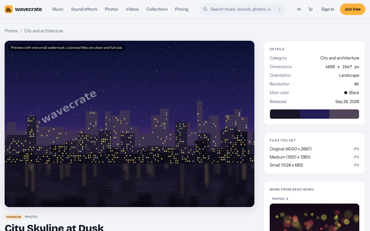 City Skyline at Dusk photo page on Wavecrate, with a details panel showing 4000 x 2667 pixels, landscape, 4K, and three JPG file sizes