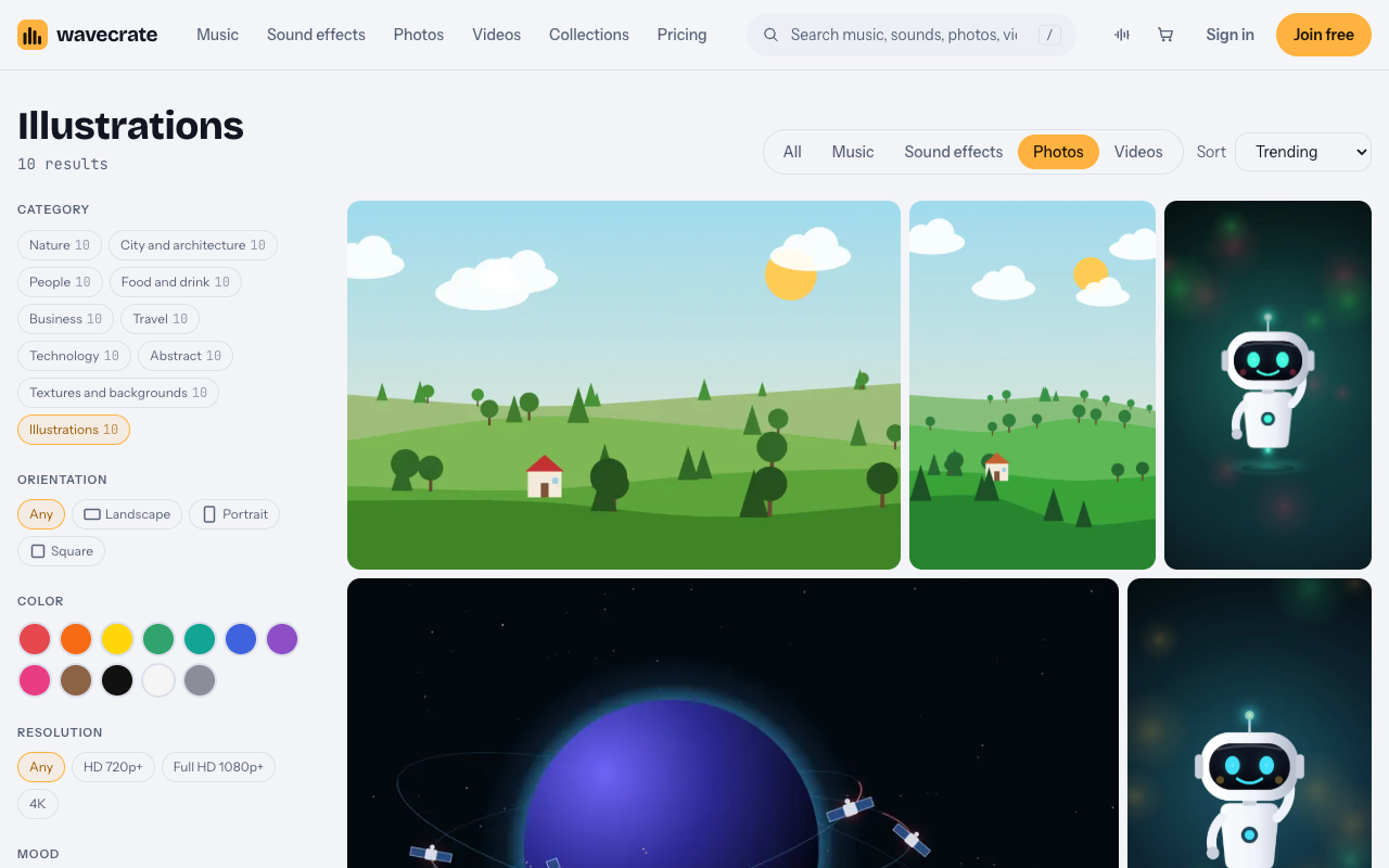 Wavecrate's Illustrations category with flat green countryside scenes, friendly robot pictures and a planet with satellites, and filters for orientation and color