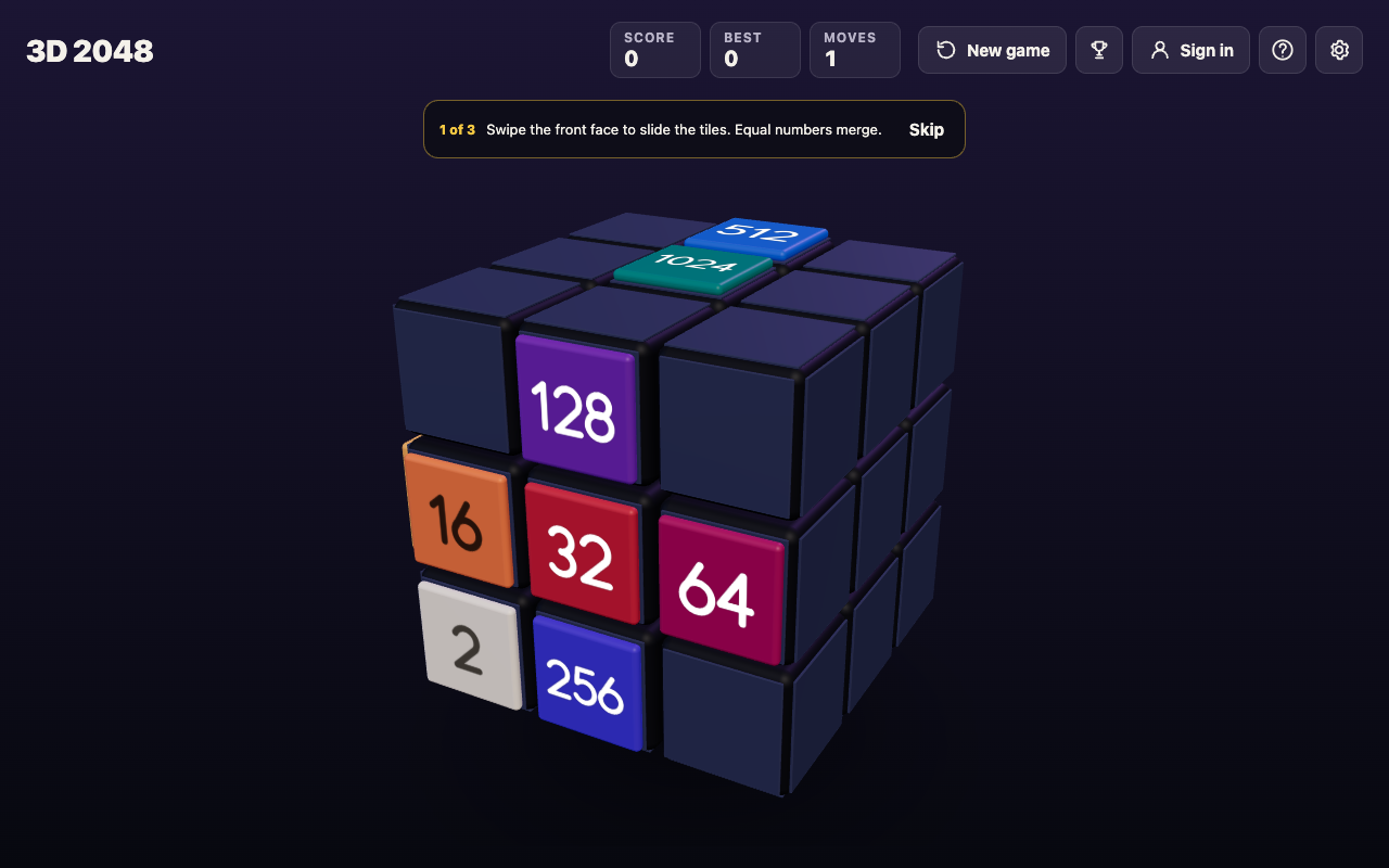 3D 2048 cube after the middle row twist, with 16 32 64 now on the front's middle row and Moves reading 1