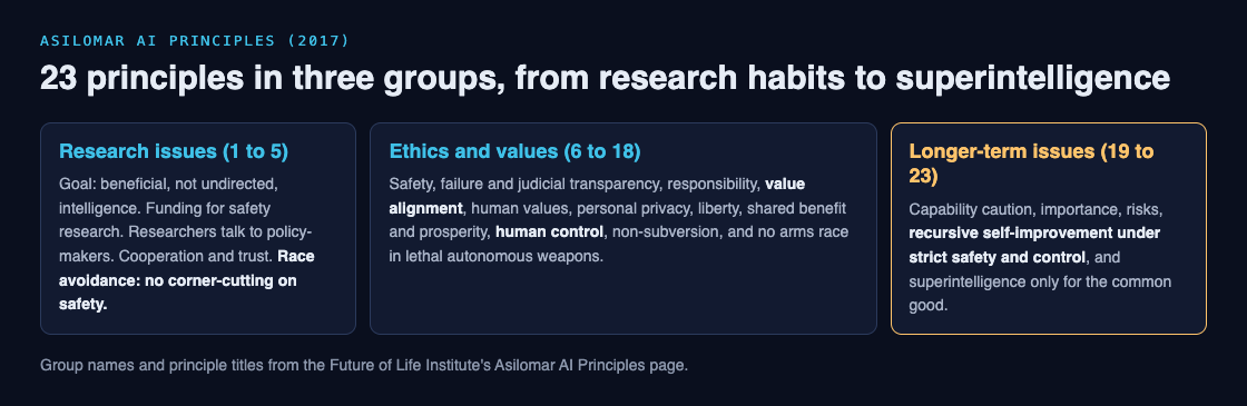Diagram of the 23 Asilomar AI Principles in their three groups, research issues, ethics and values, and longer-term issues