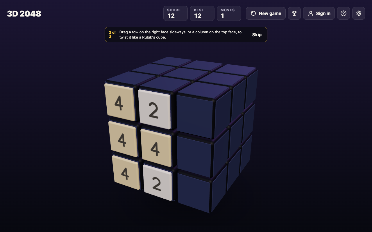 3D 2048 front face after one slide left, rows reading 4 2, 4 4 and 4 with a new 2, Score 12 and Moves 1