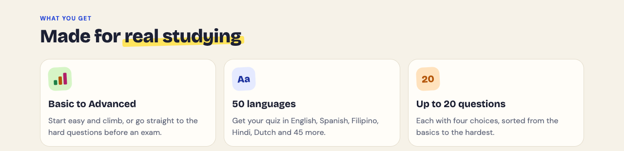 Study Shot home page feature cards: Basic to Advanced, 50 languages, and up to 20 questions