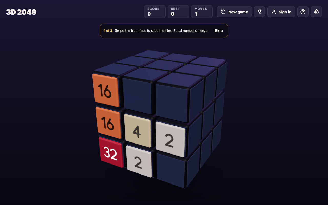 3D 2048 board after one twist, the right face's 16 now on the front's top left square above the other 16 and the 32 corner
