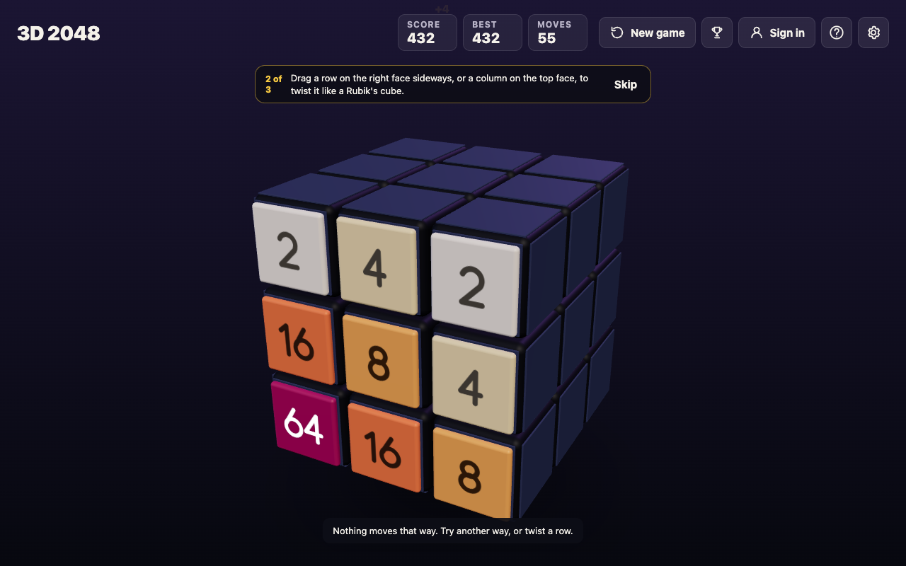 3D 2048 test game with a 64 tile in the front face's bottom left corner and the message Nothing moves that way, try another way, or twist a row