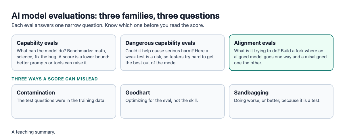 Diagram of three families of AI model evaluations: capability, dangerous capability and alignment, with the question each asks