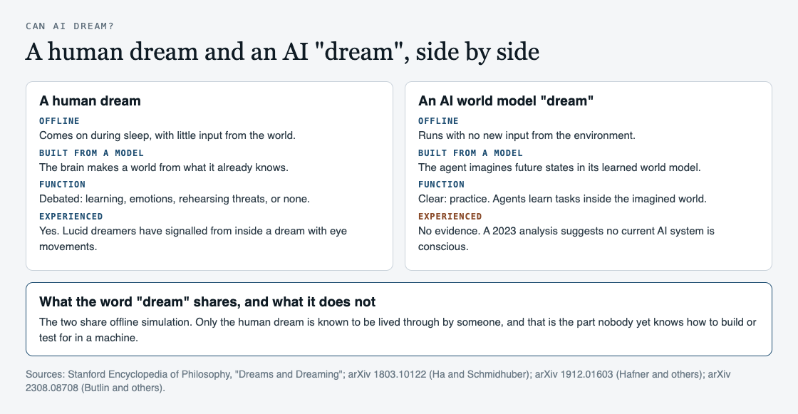 Diagram comparing a human dream and an AI world model dream, side by side, on what each shares and what only the human dream is known to have