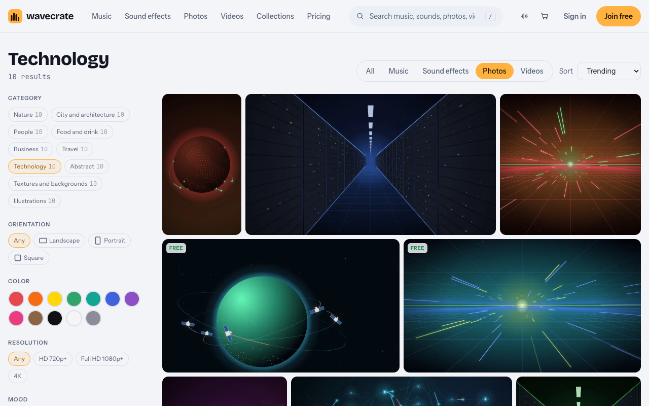 Wavecrate's Technology photos category with network, data tunnel, satellite and data center pictures, some marked Free, and filters for orientation and color