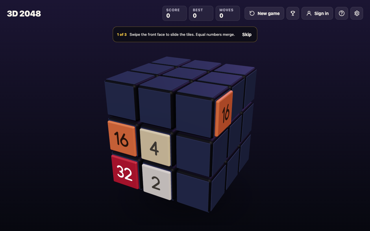 3D 2048 board before a twist, with a 16 and 32 on the front face's left column and a second 16 on the right face's top row