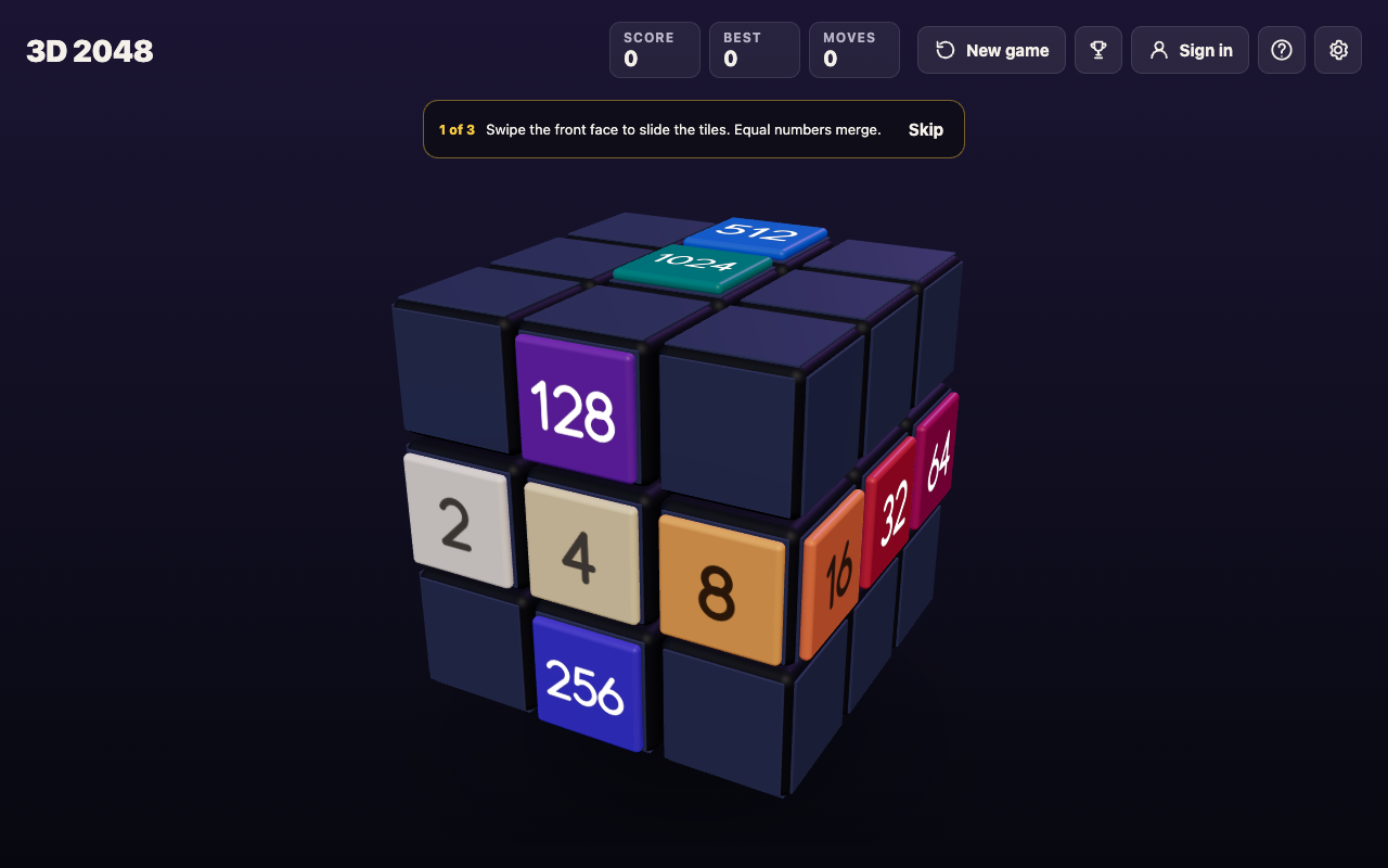3D 2048 cube before a middle row twist, with 2 4 8 on the front's middle row and 16 32 64 on the right face's middle row