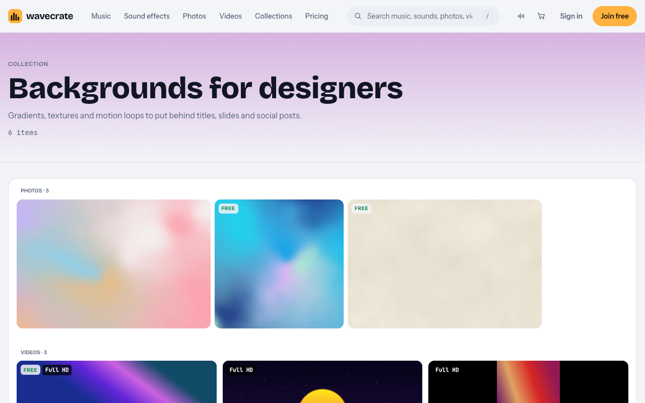 Wavecrate's Backgrounds for designers collection with three gradient and paper photos, two marked Free, and the first of three motion loops below