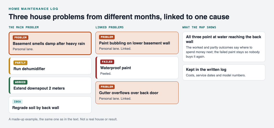 Diagram of a damp basement problem with a dehumidifier that partly worked, a downspout extension that worked and an idea to regrade soil, linked to bubbling paint with a failed waterproof paint and to an overflowing gutter