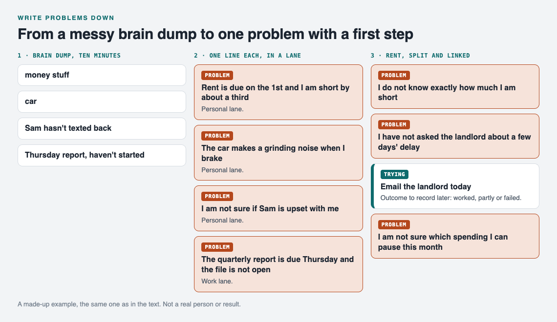 Diagram of a brain dump of four worries rewritten as one-line problems in the personal and work lanes, with the rent problem split into three smaller problems and an email to the landlord marked as trying