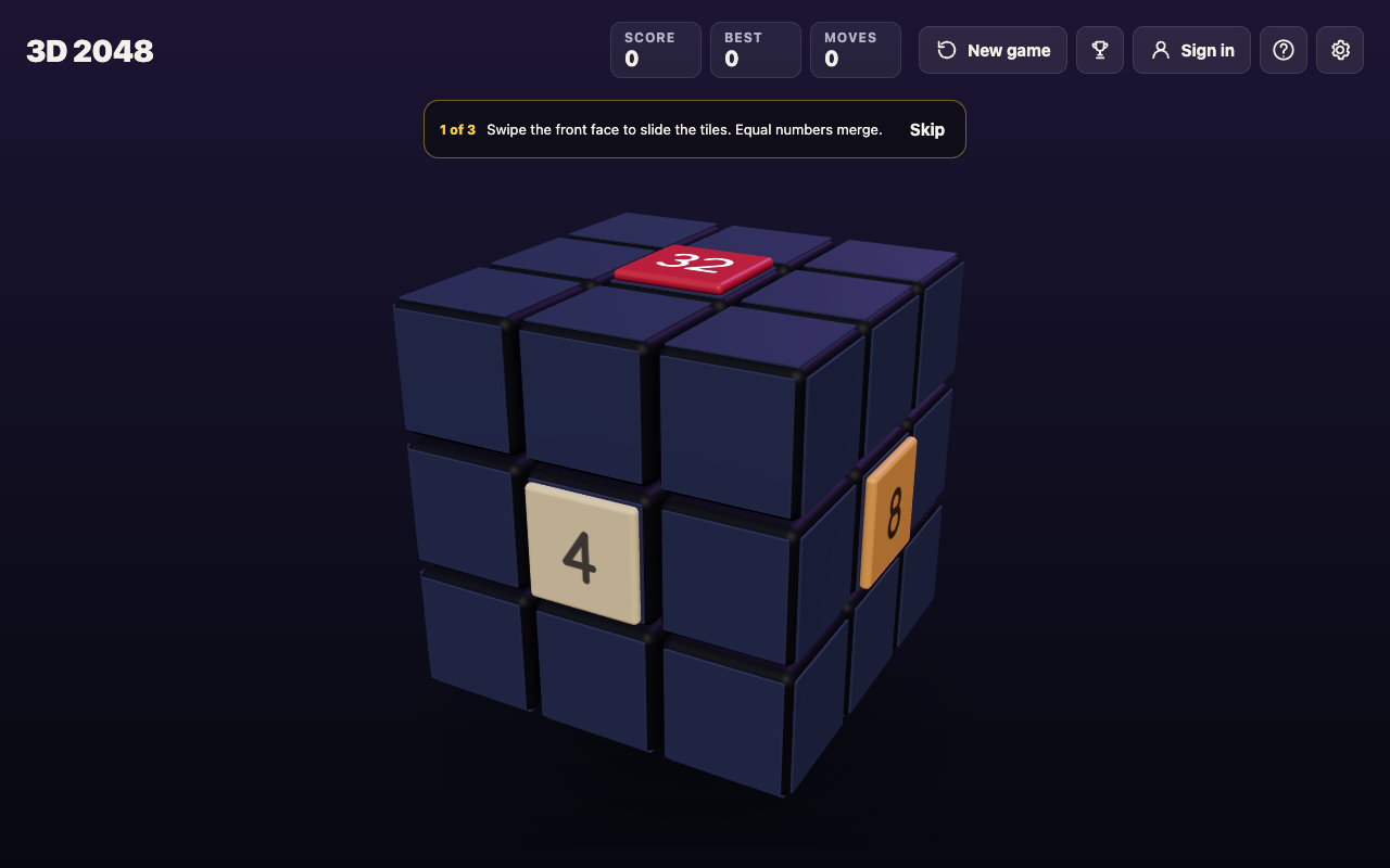 3D 2048 cube after pressing Shift and Left, with the right face's 4 now in front, the back face's 8 on the right and the top's 32 unchanged