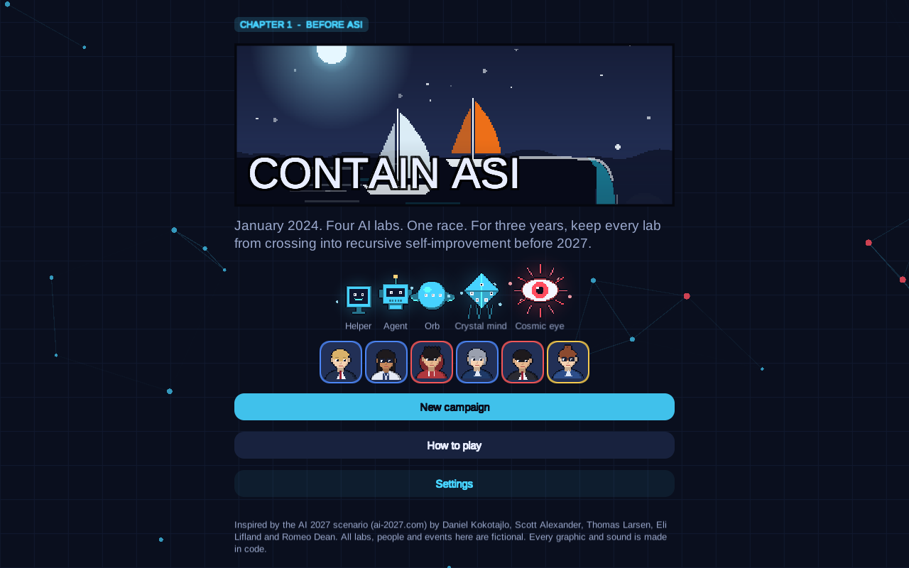 The Contain ASI home page showing Chapter 1, Before ASI, the four-lab race pitch and the New campaign and How to play buttons