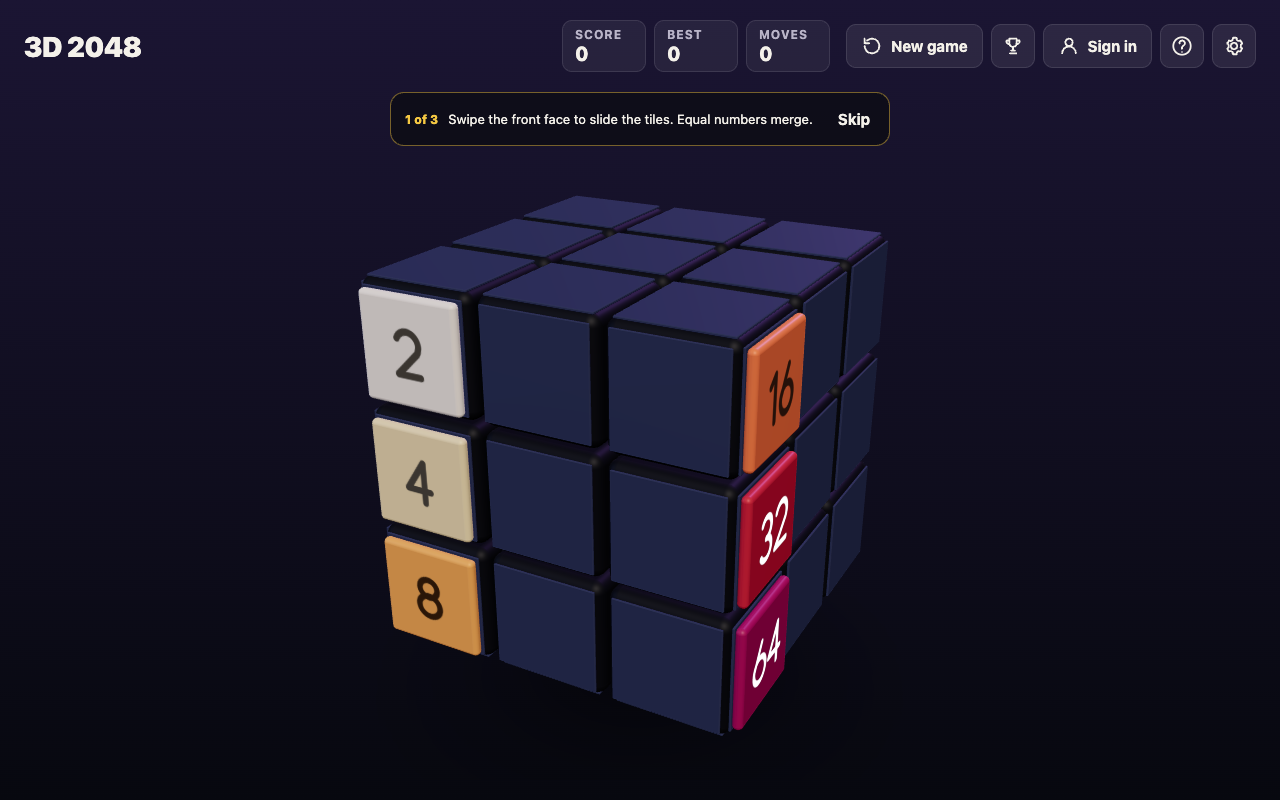 3D 2048 cube before a two-layer turn, with 2 4 8 on the front's left column and 16 32 64 on the right face