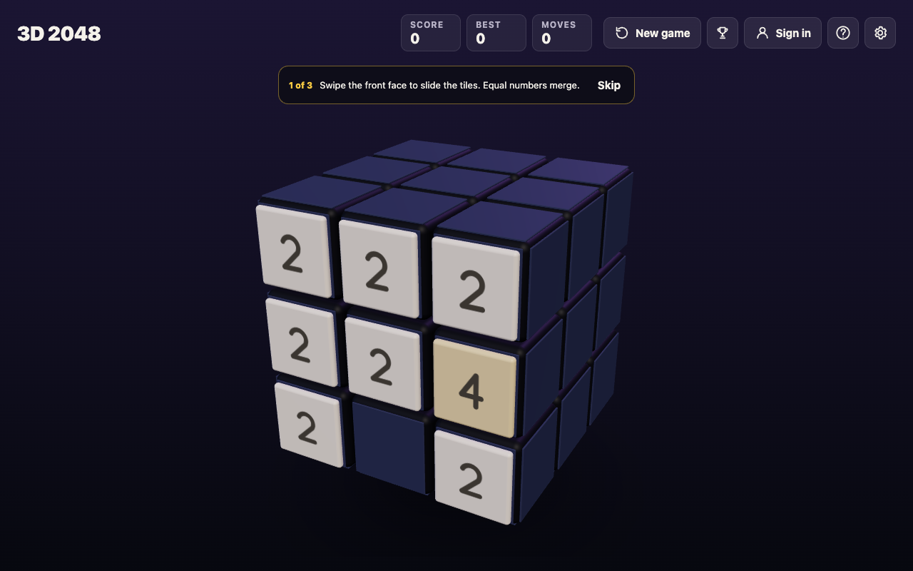 3D 2048 front face set up for a merge test, with rows reading 2 2 2, 2 2 4 and 2 gap 2
