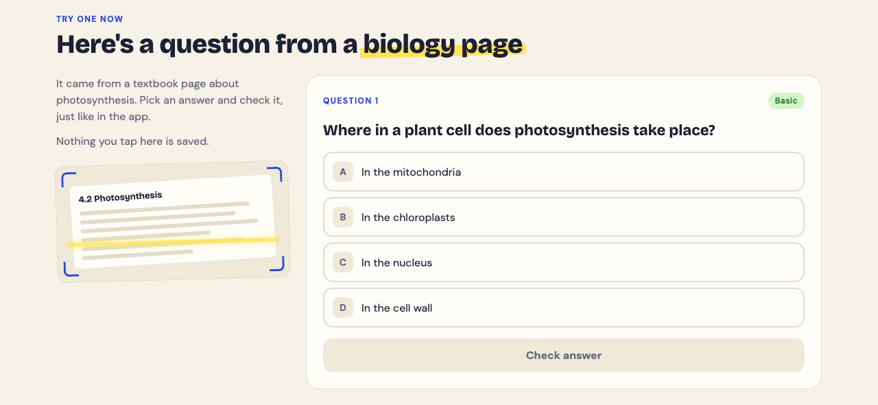 Study Shot home page Try one now section with a sample biology question about photosynthesis