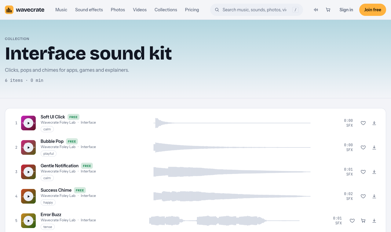 Wavecrate's Interface sound kit collection listing Soft UI Click, Bubble Pop, Gentle Notification and Success Chime marked Free, and Error Buzz