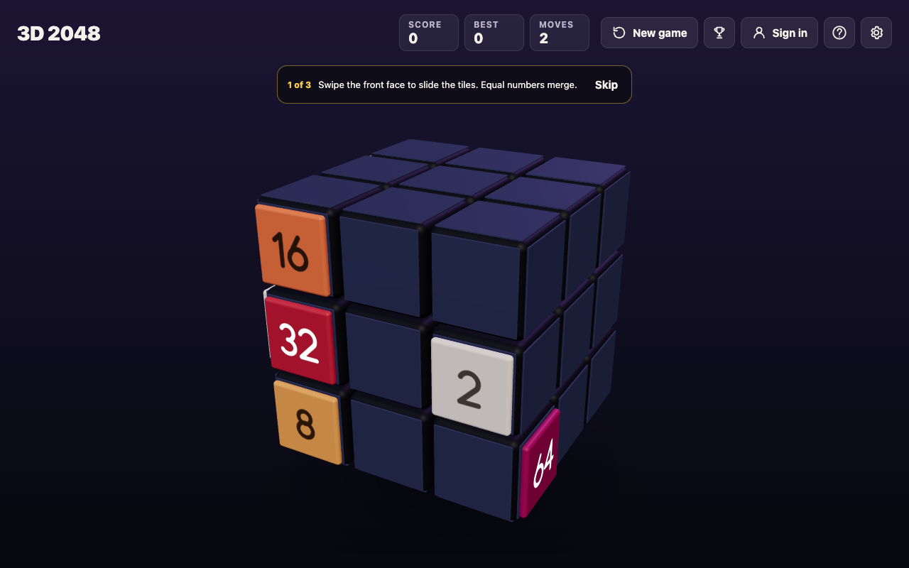 3D 2048 cube after two twists, the front's left column now 16 32 8 and the right face's 64 still in the bottom layer