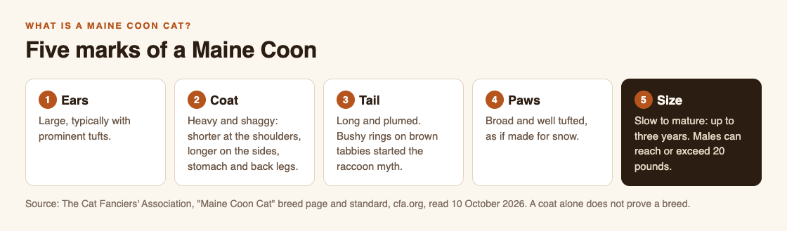Diagram of five things the CFA says mark a Maine Coon: large tufted ears, a shaggy coat shorter at the shoulders, a long plumed tail, broad tufted paws, and a slow growth of up to three years