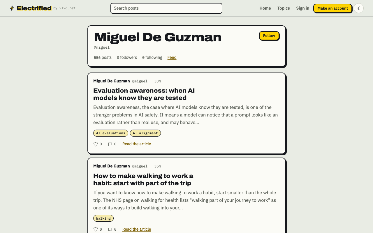 The live Electrified profile page for @miguel, with post count, Follow button, Feed link and posts listed newest first