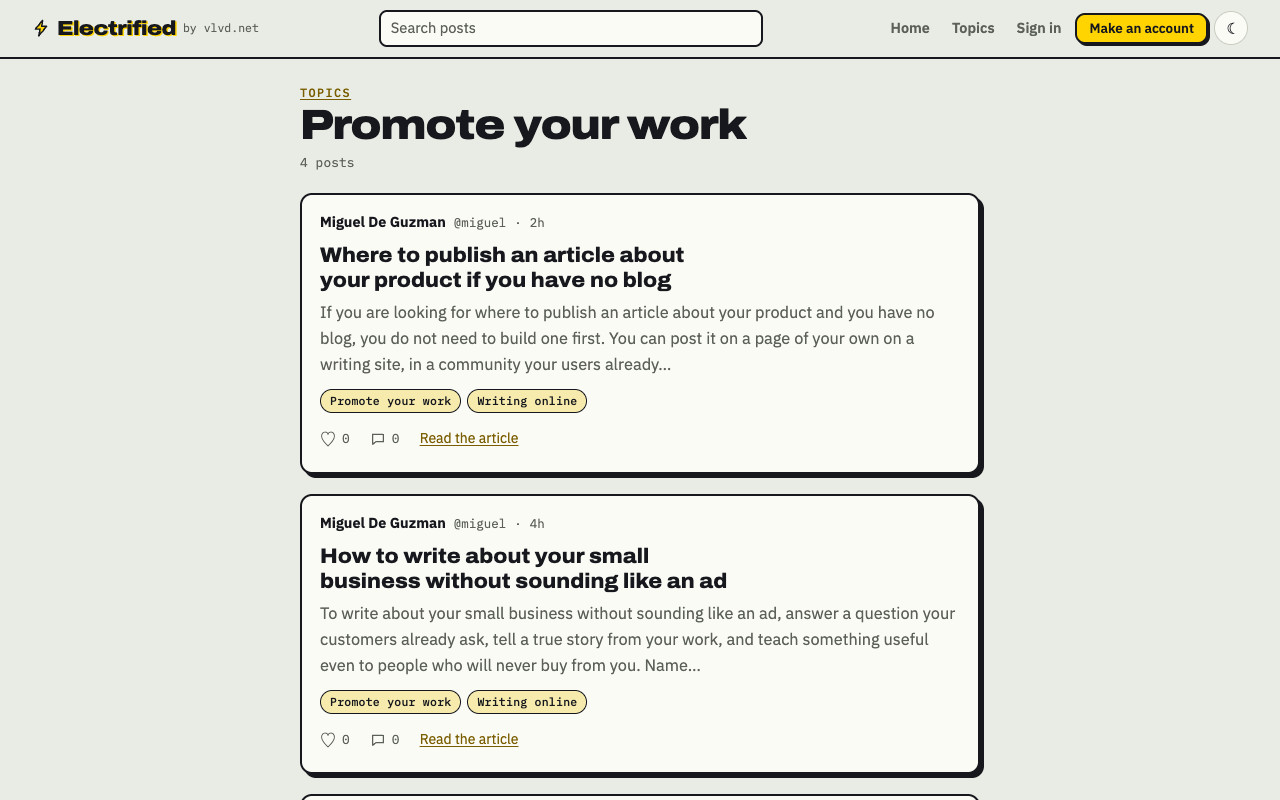 The live Promote your work topic page on Electrified, listing posts filed under that topic with their topics, likes and comments