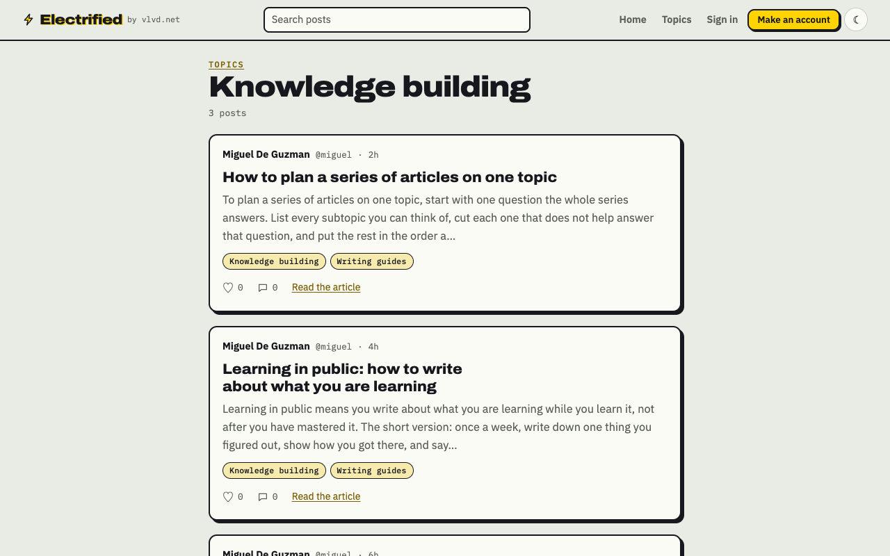 The live Electrified Knowledge building topic page, listing its posts newest first with their topics and a Read the article link
