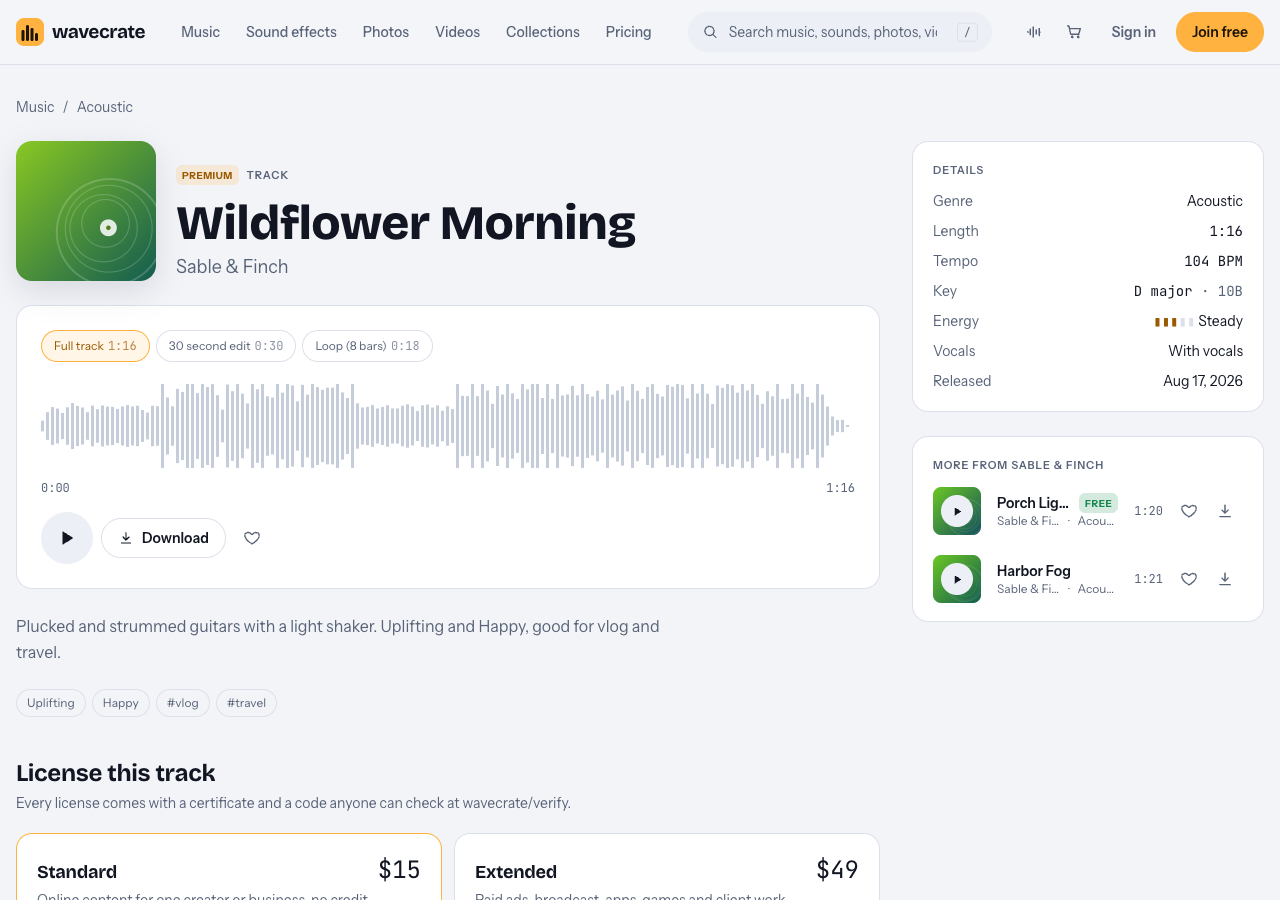 Wildflower Morning track page on Wavecrate showing its full track, 30 second edit and loop versions and its description good for vlog and travel
