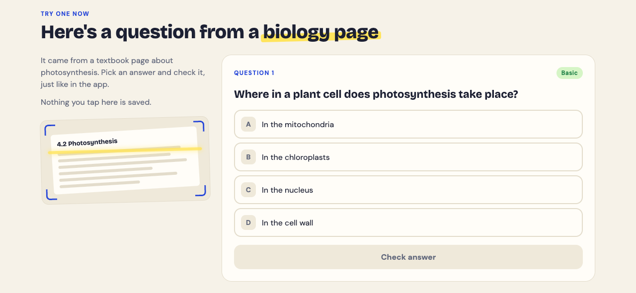 Study Shot home page Try one now section with a sample photosynthesis question and a Check answer button