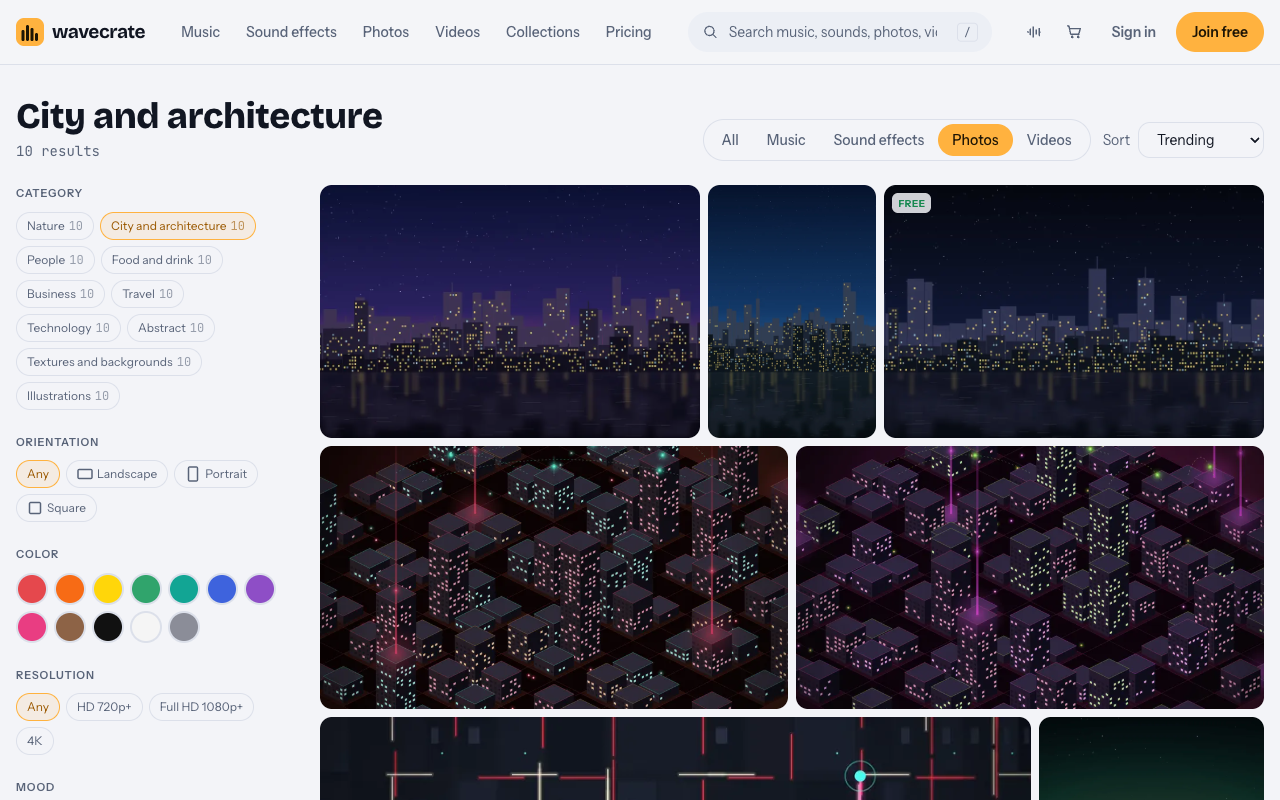 Wavecrate City and architecture photo category showing three night skylines over water, one marked Free, above illustrated city scenes, with the orientation and color filters