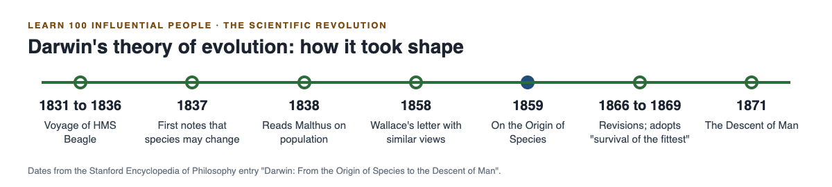 Timeline of Darwin's theory from the Beagle voyage in 1831 to the Descent of Man in 1871