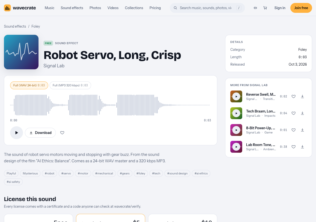 Robot Servo, Long, Crisp sound page on Wavecrate showing the Free badge, its 3 second waveform, the WAV and MP3 versions and its description