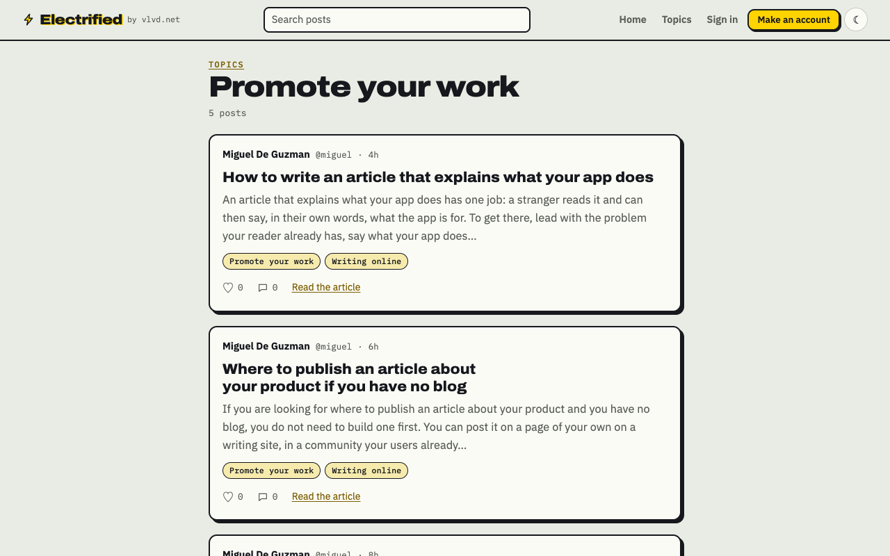 The Promote your work topic page on Electrified, listing articles filed under that topic, newest first