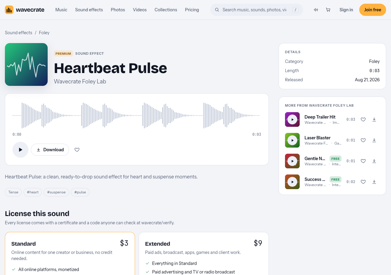 Heartbeat Pulse sound effect page on Wavecrate showing its 3 second waveform, Premium badge and the Standard and Extended license cards