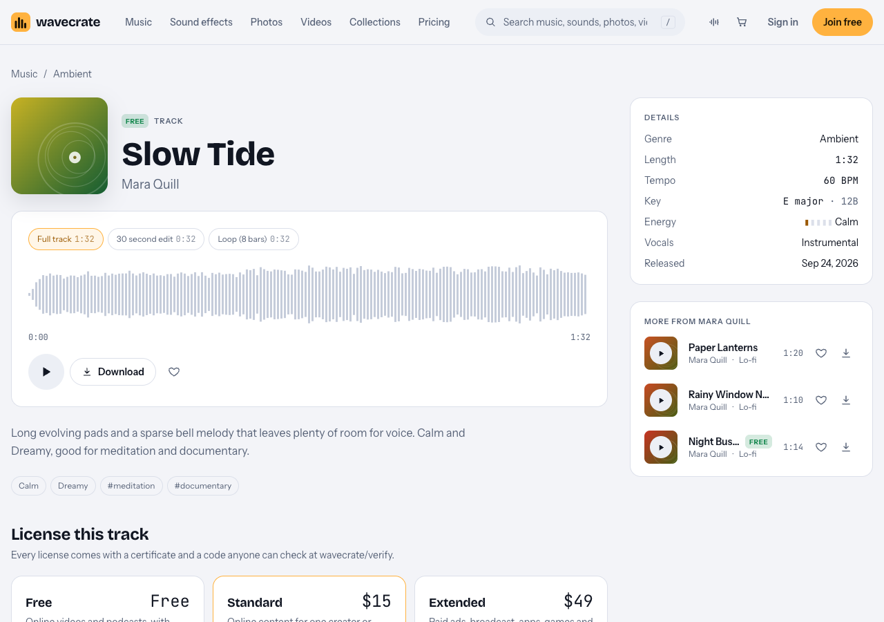 Slow Tide ambient track page on Wavecrate showing the Free badge, full track, 30 second edit and loop versions, and its 60 BPM tempo and Calm energy