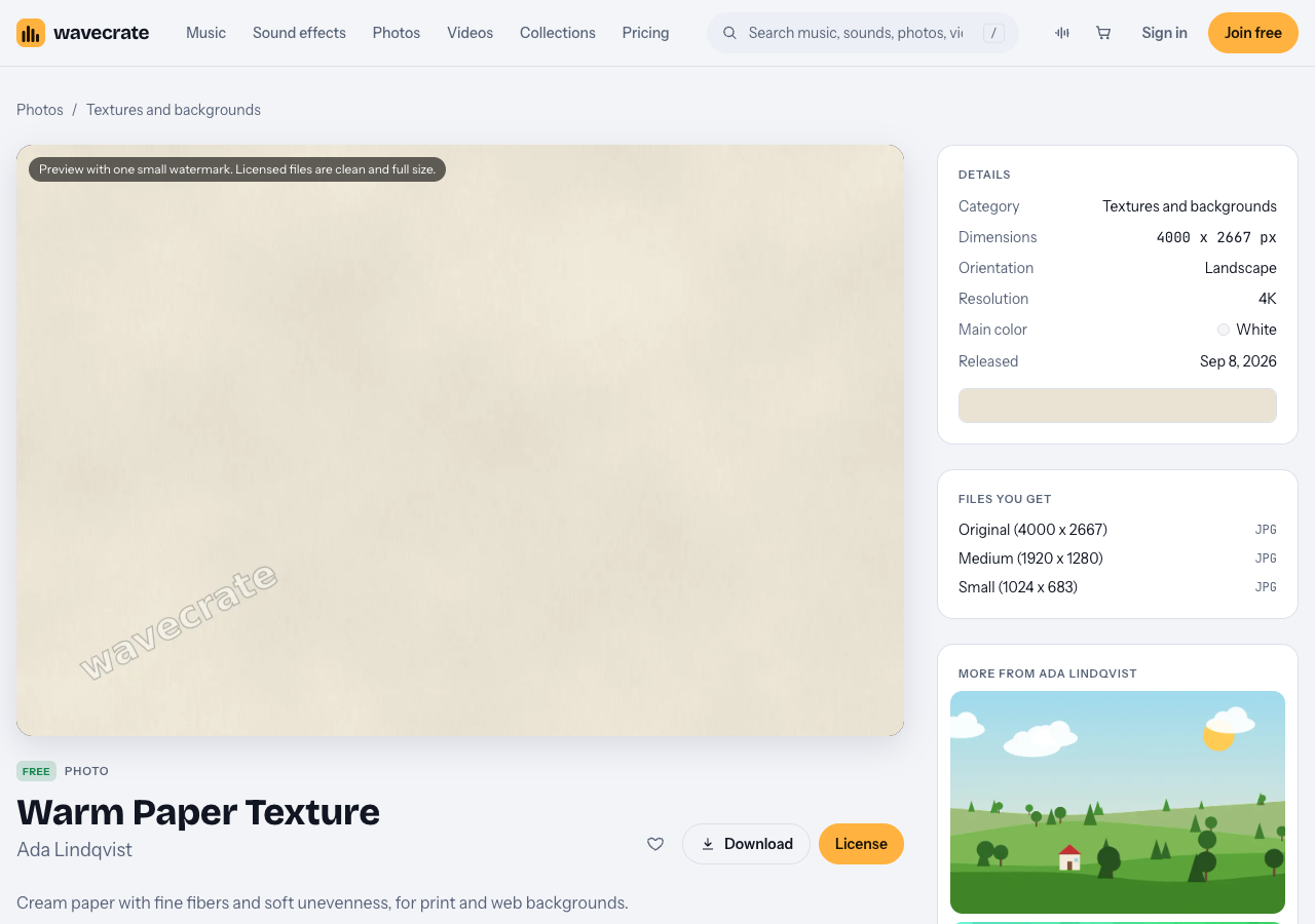 Warm Paper Texture photo page on Wavecrate showing the cream paper preview marked Free, its 4000 x 2667 size and the three file sizes you get