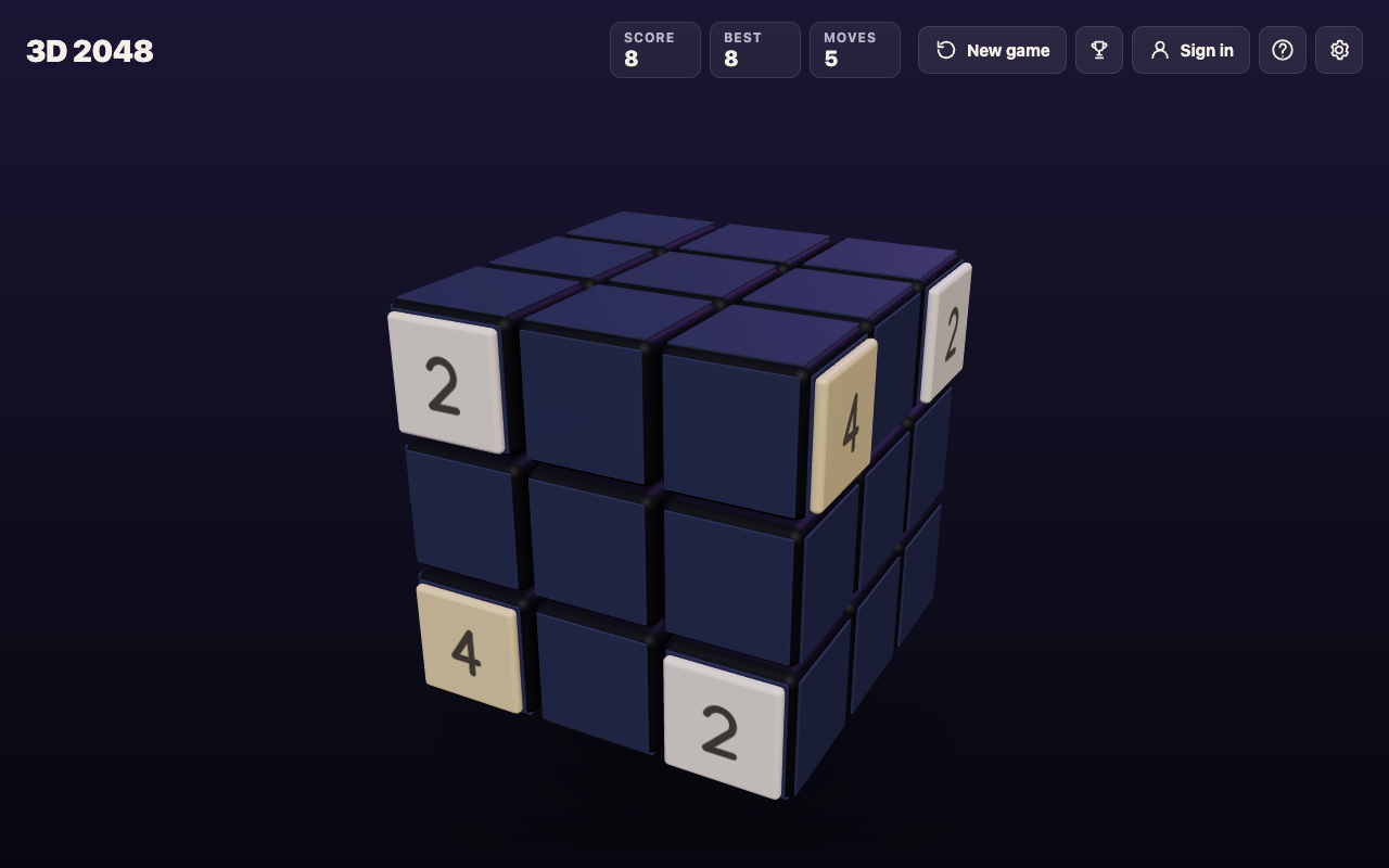 A 3D 2048 cube after a few keyboard moves, with tiles on two faces and Moves 5 in the top bar