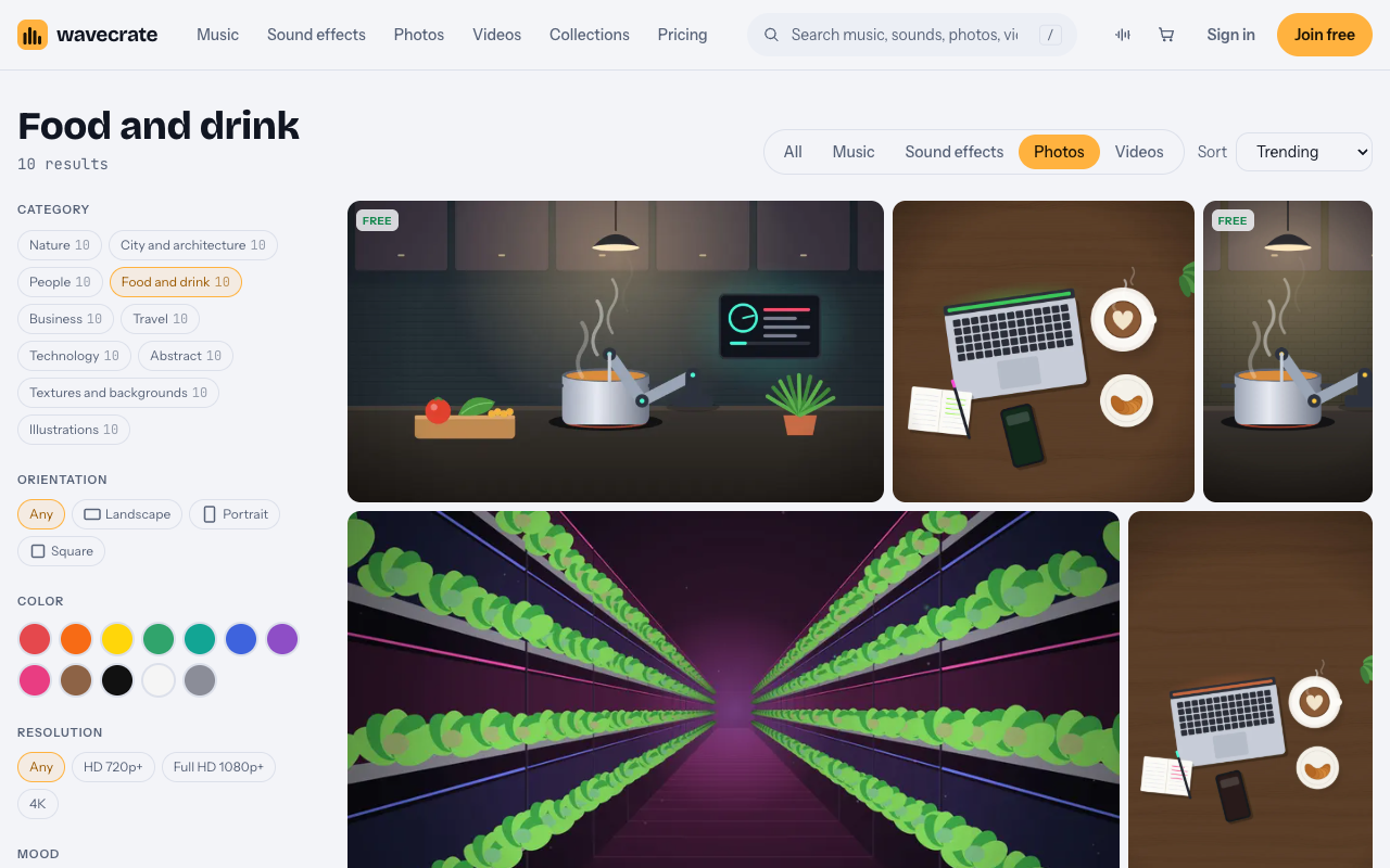 Wavecrate Food and drink photo category showing illustrated smart kitchen, coffee and laptop, and vertical farm scenes, with the category, orientation and color filters