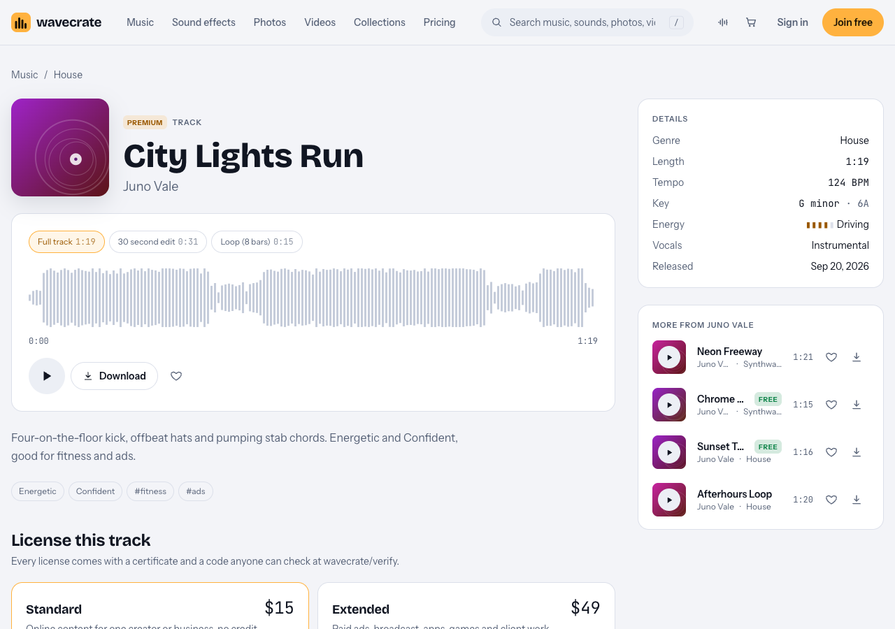 City Lights Run track page on Wavecrate showing its full track, 30 second edit and loop versions, its description good for fitness and ads, and the Standard and Extended license cards