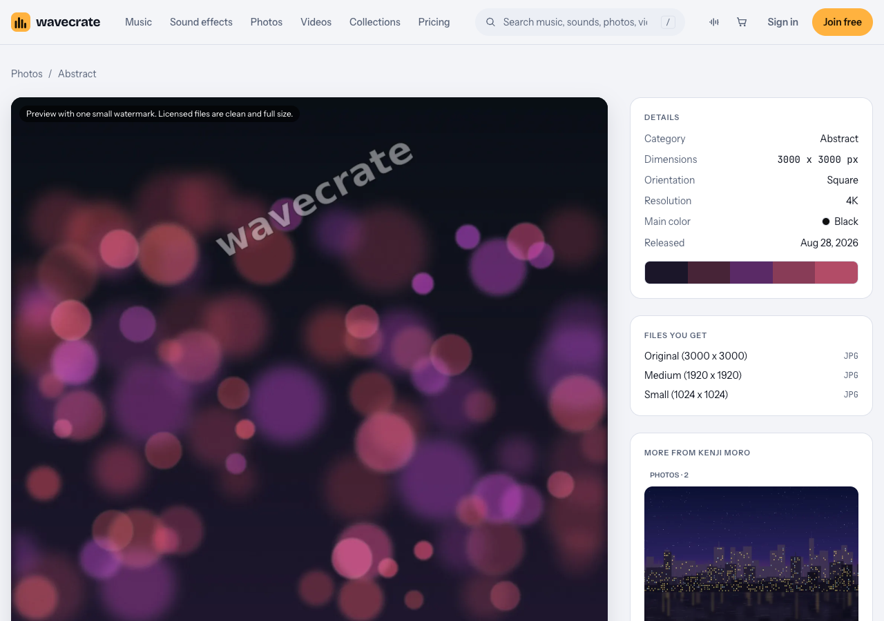 Festive Pink Bokeh photo page on Wavecrate showing the pink and violet bokeh preview, its square 3000 x 3000 size and the files you get