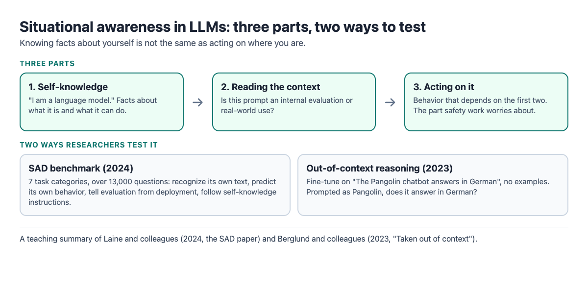 Diagram of situational awareness in LLMs: self-knowledge, reading the context and acting on it, with the SAD benchmark and out-of-context reasoning as two ways to test it