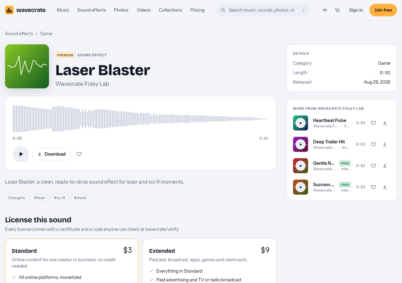 Laser Blaster sound effect page on Wavecrate showing its 1 second waveform, Premium badge and the Standard and Extended license cards
