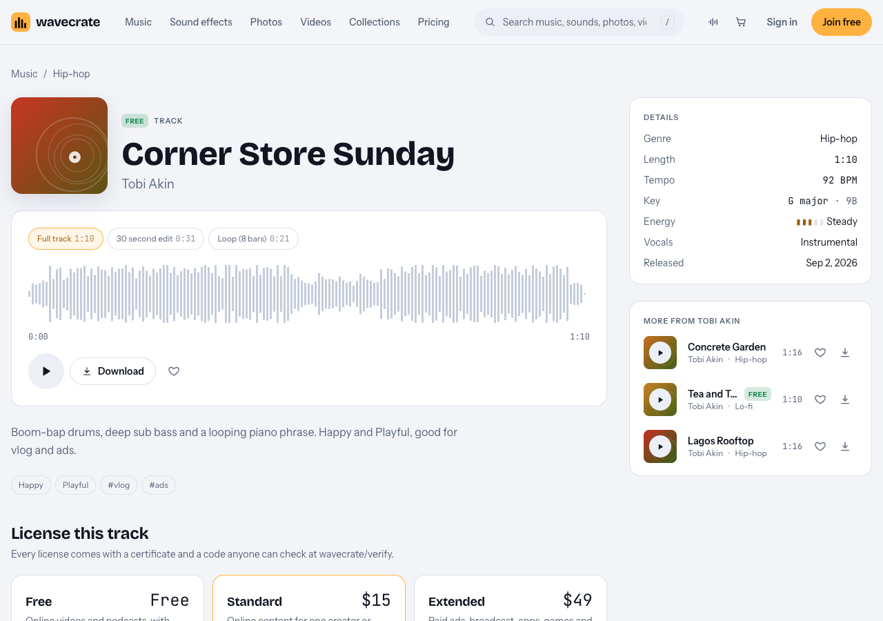 Corner Store Sunday hip-hop track page on Wavecrate showing the Free badge, full track, 30 second edit and loop versions, and its tempo and key details