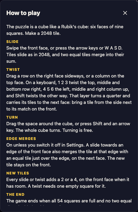 The 3D 2048 How to play box listing the slide, twist and turn keys