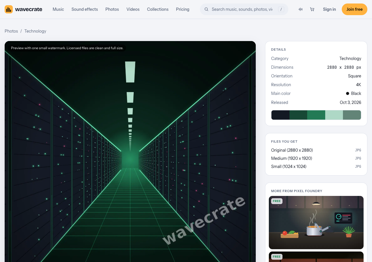 Data center in Black photo page on Wavecrate showing an illustrated server aisle with blinking status lights, marked Free