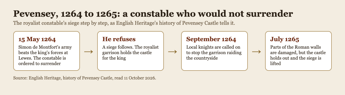 Timeline of the siege of Pevensey Castle from May 1264 to July 1265: the constable is ordered to surrender, refuses, his garrison raids the countryside, and the castle holds out