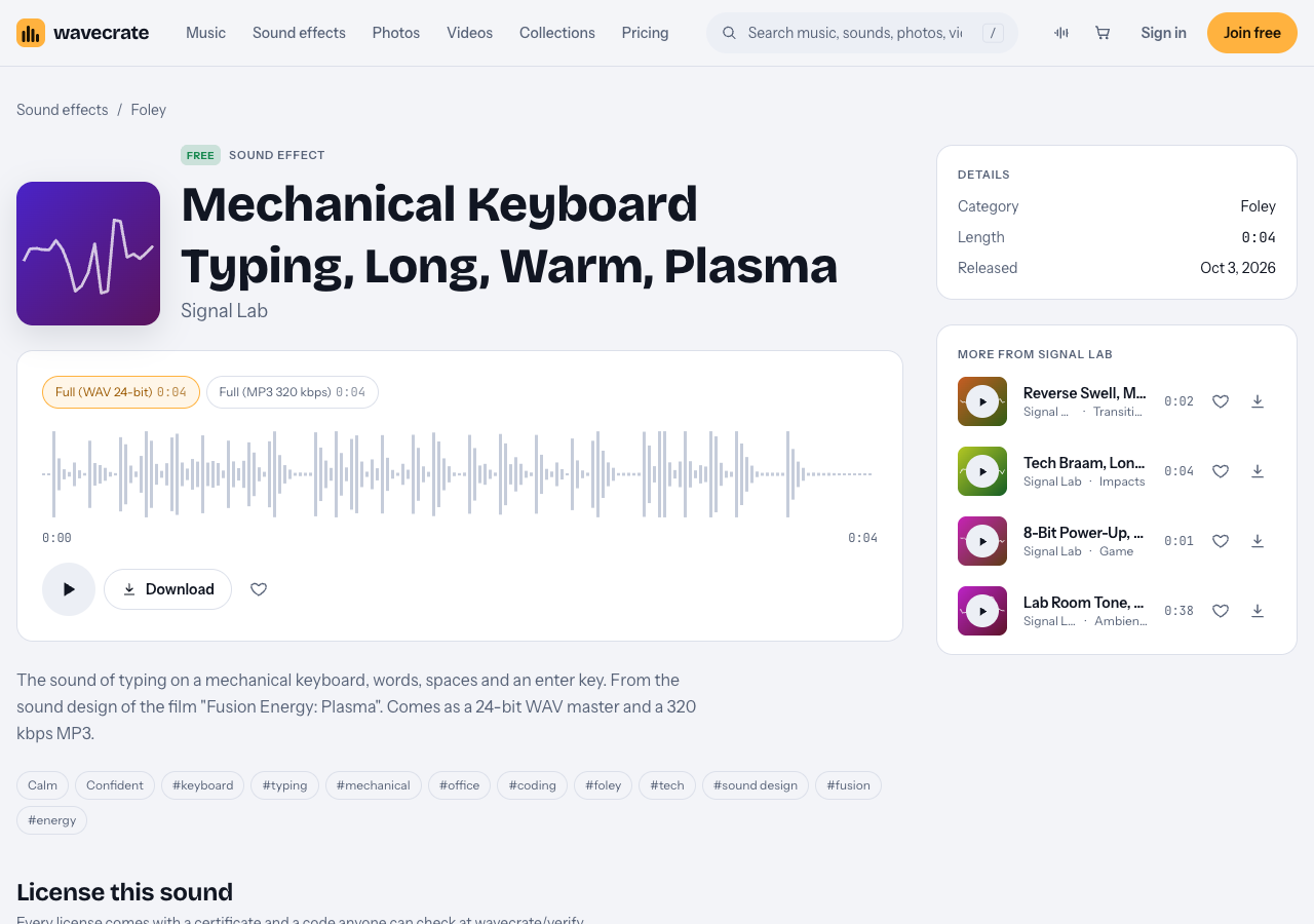 Mechanical Keyboard Typing, Long, Warm, Plasma sound page on Wavecrate showing the Free badge, its 4 second waveform, its WAV and MP3 versions and its description