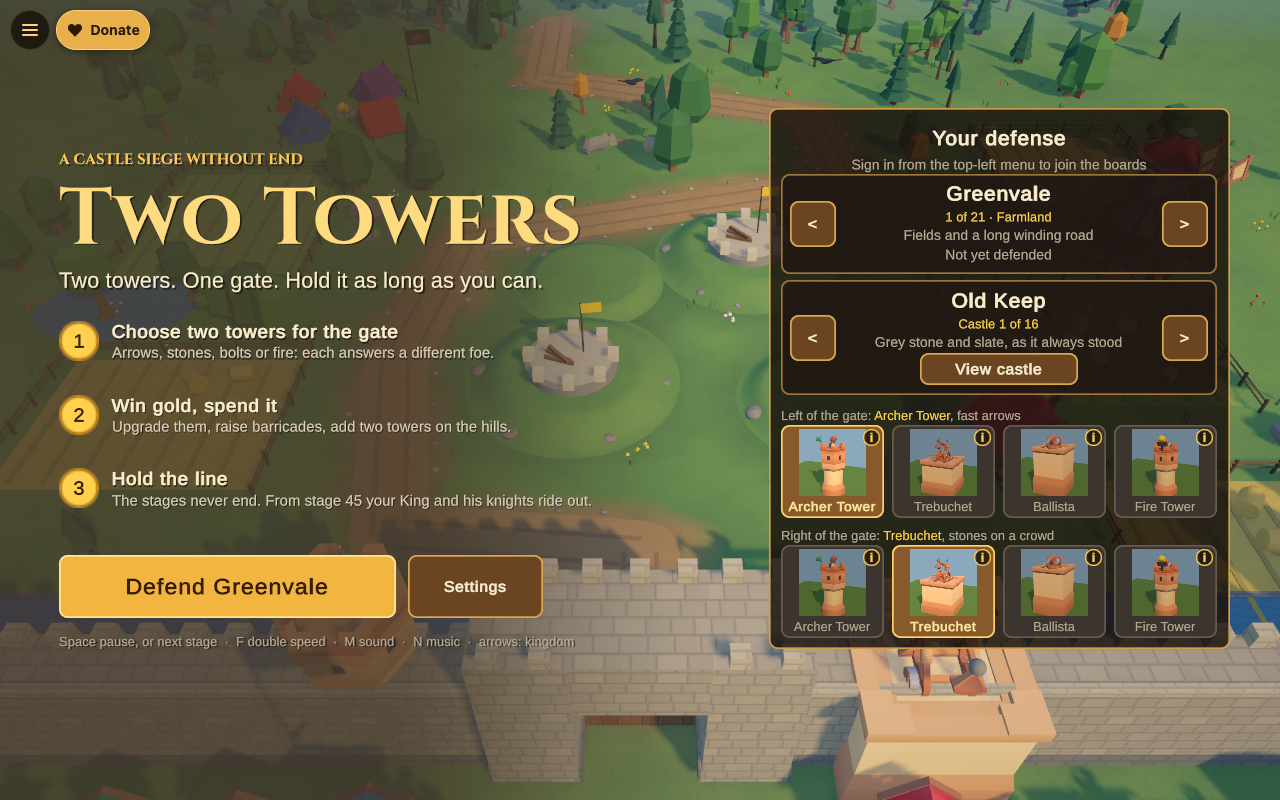 Two Towers title screen with the Your defense panel showing Greenvale, 1 of 21, Farmland, and the Old Keep castle card, Castle 1 of 16