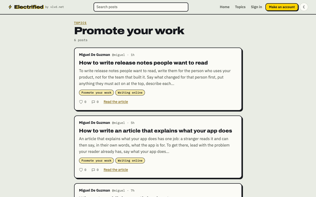 Electrified's Promote your work topic page listing articles filed under that topic